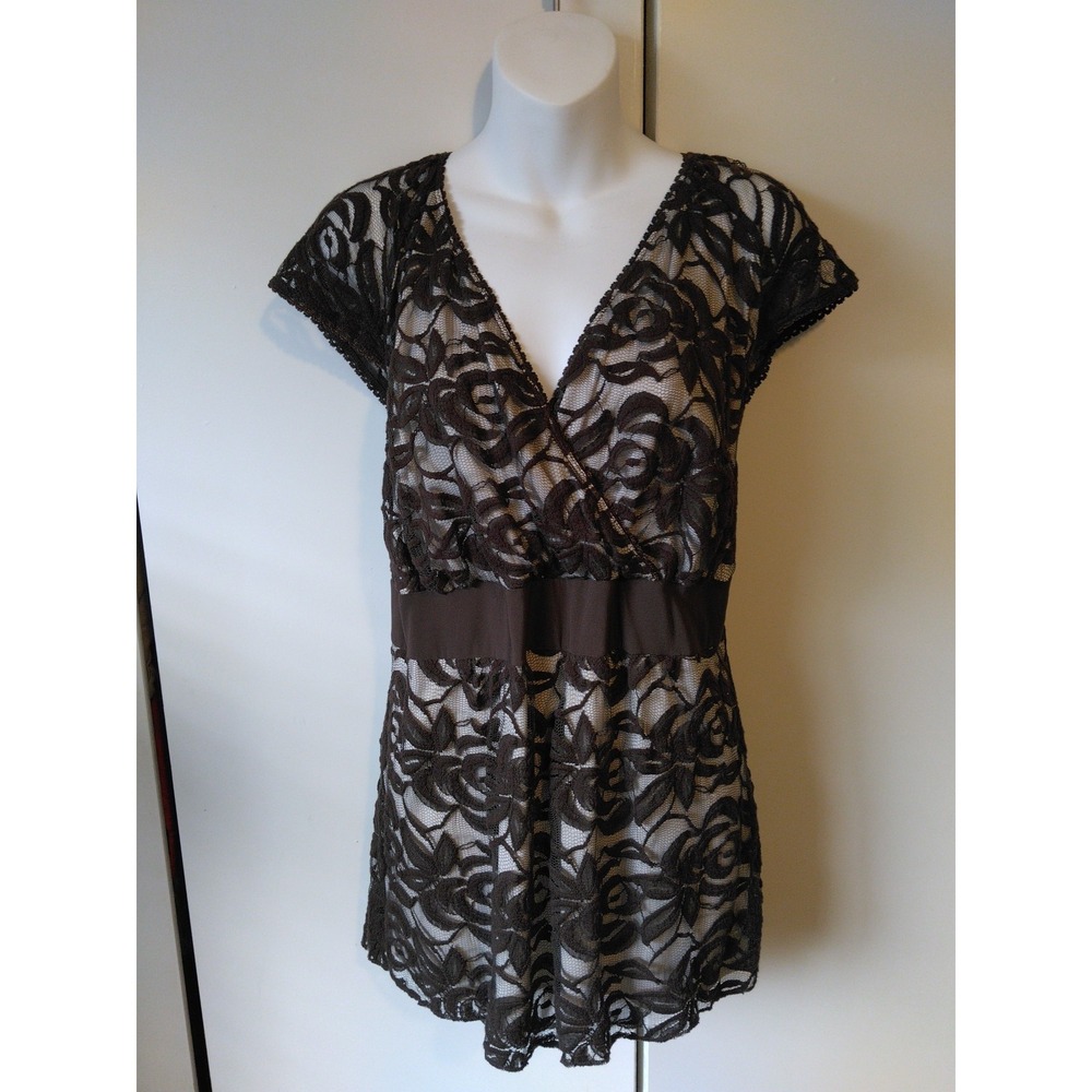 Y2K Brown Floral Lace‎ Babydoll Tunic Top Size L/XL Whimsigoth Deep V Tie Back
